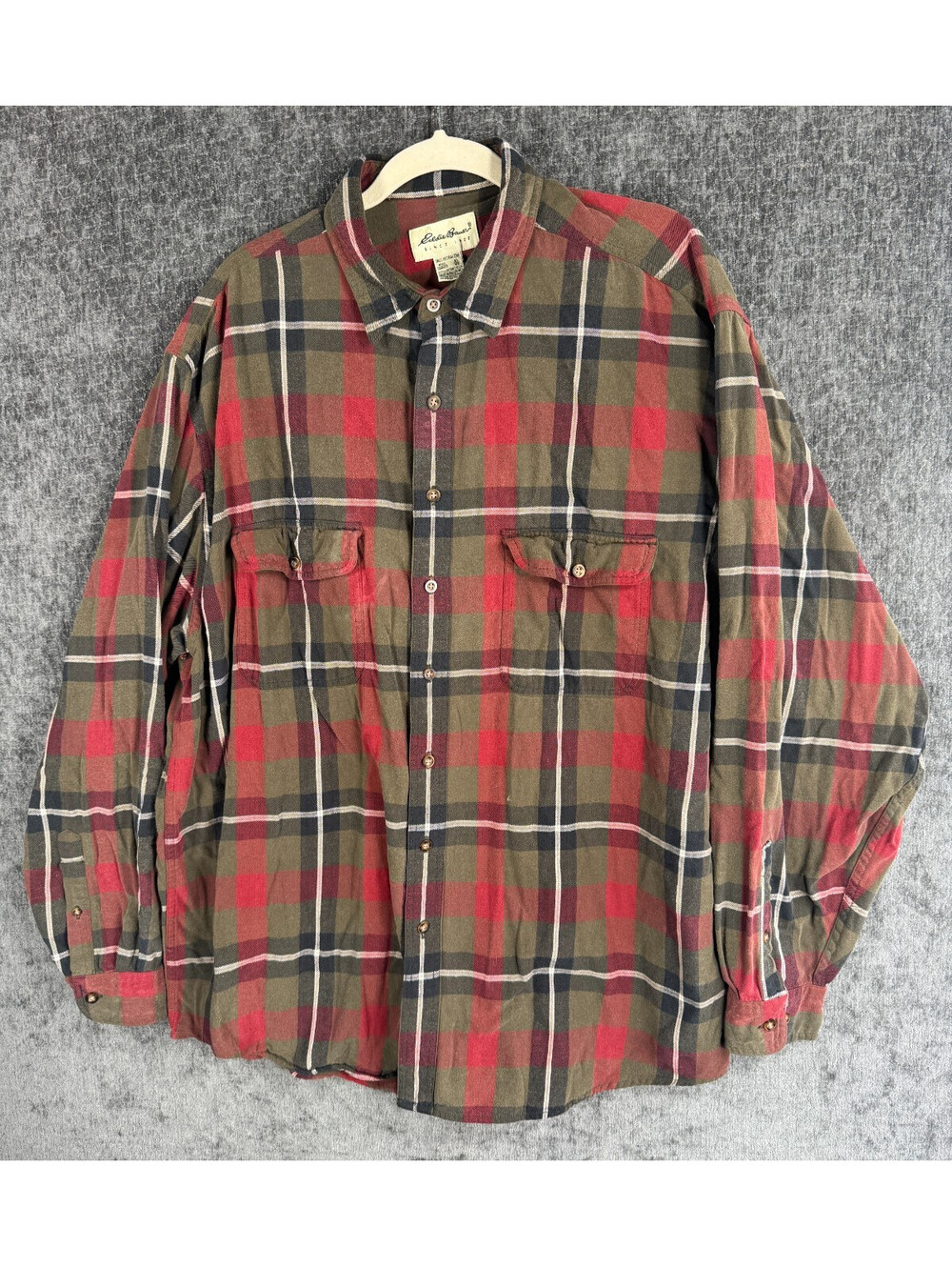 Eddie Bauer Mens Flannel Shirt XL Tall Plaid Button Up Olive Green Red Cotton